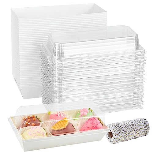 ZORRITA 50 Pack Paper Charcuterie Boxes with Clear Lids, Disposable Sandwich Boxes Rectangle To Go Food Containers for Bakery Desserts, Strawberries, Cake Slice and Cookies (White)