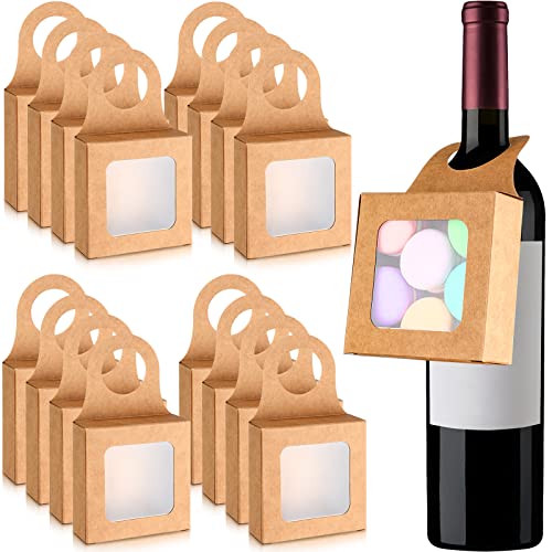 25 Count Kraft Paper Wine Bottle Box with Window Hanging Foldable Gift Boxes Wine Boxes for Gifts Empty Wine Bottles for Decoration Bottle Hanger Favor Box (Kraft Color, 3.5 x 3.5 x 1.2 Inches)