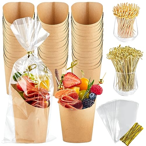 ZORRITA 50 Sets 14 oz Charcuterie Cups with Sticks, Individual Kraft Paper Charcuterie Boxes Disposable Snack Serving Cups for Fruits Appetizers (50 Cups + 200 Cocktail Picks + 50 Bags)