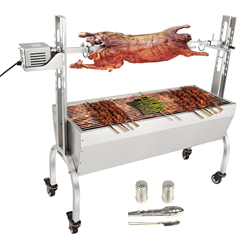VEVOR Stainless Steel Rotisserie Grill, BBQ Whole Pig Lamb Goat Charcoal Spit Grill, Electric 50W Motor BBQ Hog Rotisserie Roaster, 46 Inch 90 Lbs Capacity Lamb Rotisserie System for Camping Outdoor