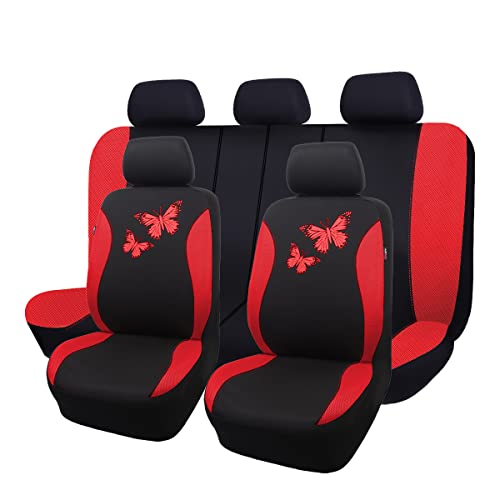 Flying Banner Butterfly car seat Covers ful Set Fashion Universal Lady Woman Female Rear Bench Split Colorized (Full Set, Red)