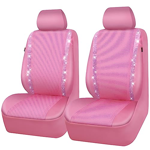 CAR PASS Bling Car Seat Covers, Shining Rhinestone Waterproof Faux Leather Pink Car Accessories Two Front Only Universal Fit Auto Glitter Crystal Sparkle Strips for Cute Women Girl, Pink Diamond