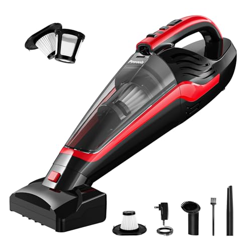 Powools Pet Hair Handheld Vacuum - Car Vacuum Cordless Rechargeable, Well-Equipped Hand Vacuum for Carpet, Couch, Stairs, Powerful Handheld Vacuum Cordless w/Motorized Brush, Red (PL8726)