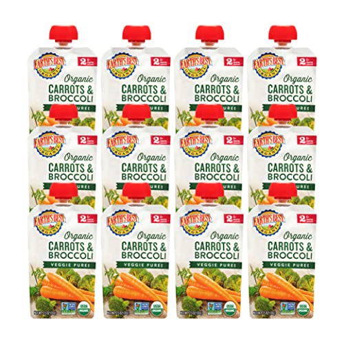 Earth's Best Organic Baby Food Pouches, Stage 2 Vegetable Puree for Babies 6 Months and Older, Organic Carrots and Broccoli Puree, 3.5 oz Resealable Pouch (Pack of 12)