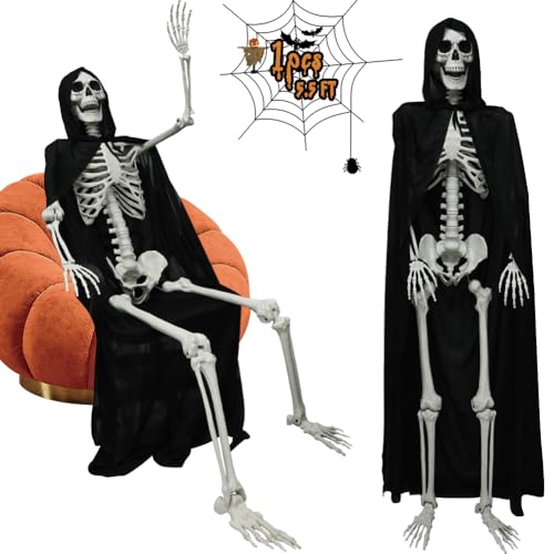 5.4ft/165cm Halloween Skeleton, Poseable Full Size Skeleton with Black Cloak, Life Size Human Bones for Halloween Front Yard Patio Lawn Garden Props Spooky Party Decoration