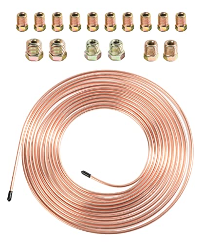 ESEWALAS Flexible Brake Line Tubing Kit,25 Feet of 3/16 Inch Copper Nickel Brake Line with 16 Fittings, Rustproof Brake Line Tubing Coil,Fits for Hydraulic Braking Systems,Fuel Systems, etc.(Gold)