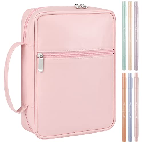 Gueevin Bible Covers for Women with 6 Pcs Assorted Colors Dual Tip Pastel Markers Protective Zippered Bible Case with Handle Quick Dry Double Head Highlighters for Church Girls Women (Pink)