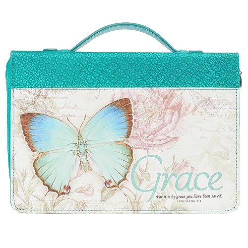 Christian Art Gifts Women's Fashion Bible Cover Grace Butterfly Ephesians 2:8, Teal Floral Faux Leather, Large