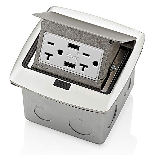 Leviton PFUS2-BN Pop-Up Floor Box with Dual Type A, 3.6 Amp USB Charger, 20Amp Outlet, Brushed Nickel