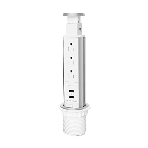 Pop Up Outlet for Countertop, Receptacle Power Strip with 3 AC Outlet 2 USB Ports, Pull Pop Up Power Socket Outlet, Recessed Outlet for Kitchen Counter Conference Desk Office, White