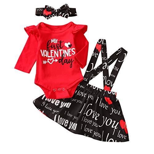 Newborn Baby Girls Valentine's Outfits My 1st Valentine's Day Romper Love Heart Suspender Skirt Headband Overall Clothes Set (Red, 6-9 Months)