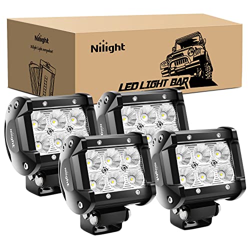 Nilight LED Pods 4PCS 18W 1260lm Flood Light Bar Driving Fog Off Road Lights Work 24V 12V for Motorcycles Van Camper Wagon Car Pickup ATV UTV SUV Truck Boat, 2 Years Warranty