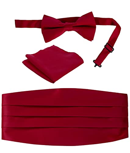 Gioberti Men's Adjustable Satin Cummerbund Set With Formal Bow Tie and Pocket Square, Burgundy