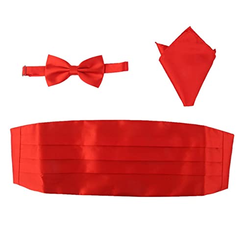 Kisangel 3pcs Cummerbund and Bow Tie Set Bow Tie Hanky Set Cummerbund, Bow Tie, Handkerchief for Party Wedding (Red)