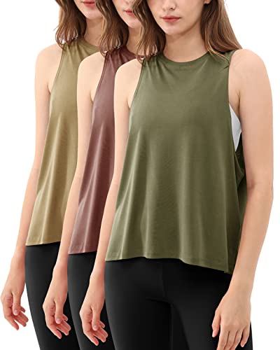 ODODOS 3-Pack Loose Tank Tops for Women Sleeveless Casual Athletic Workout Yoga Shirts, Army Green, Warm Tan, Sangria, Medium