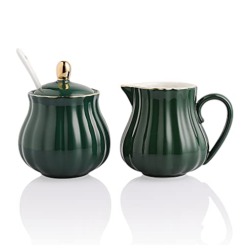 Sweejar Royal Ceramic Sugar and Creamer Set, 3 Piece Set with Cream Pitcher, Sugar Bowl, Sugar Set with Lid & Spoon, Coffee Serving Set Wedding Gift(Jade)