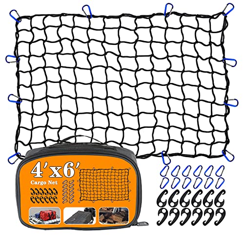 4x6 Truck Cargo Netting Cargo Net Expands to 8' x 12' with 4"x4" Mesh Grid Super Duty Bungee Cargo Net Heavy Duty Cargo Netting for Truck Bed Stretches with 12 Adjustable Metal Carabiners