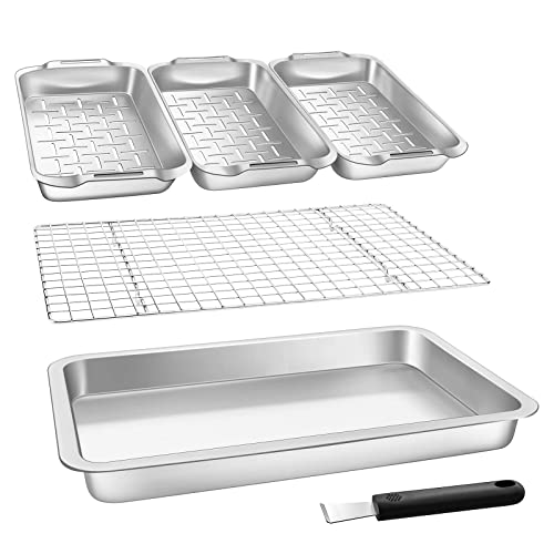 Grill Basket Set, 6-piece Stainless Steel Vegetable Grill Tray, 16.5" x 11" Pan with Cooling Rack For Veggies, Cookies and Meats, Heavy Duty & Easy Clean, Grilling Gifts for Men
