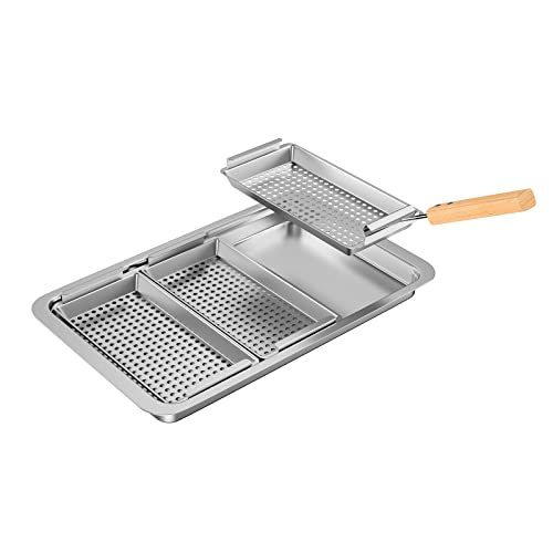 KEESHA 3 Pack Grill Baskets Set - Includes 3 Grill baskets a Serving Plate & Clamp Handle - Perforated Grill Pans Fit for Pit Boss for Weber for Camp Chef for Traeger Pellet & Charcoal Grills & Smokers