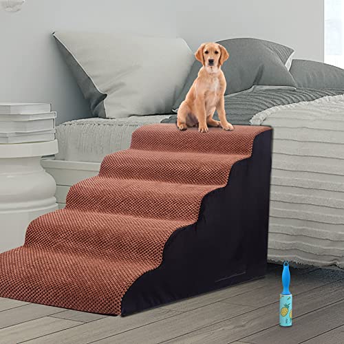 MALOROY 25inch Foam Dog Stairs for High Bed, Extra Wide 5 Tiers Dog Ramps, Pet Climbing Ladder is 19.4" Wide, Easy Carry with Sturdy Handle, Non-Slip Pet Step for Older Dogs,Cats, Rabbits -Brown