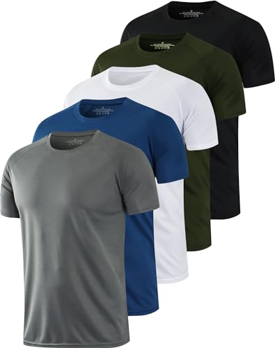 HOPLYNN 5 Pack Mesh Workout Shirts for Men Quick Dry Short Sleeve Athletic Dry Fit T-Shirt Moisture Wicking Black White Grey Blue Green M