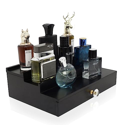 Iswabard Cologne Organizer for Men 3 Tier Cologne Stand with Drawer and Hidden Compartment Cologne Holder Organizer for Men, Wood, Ccologne Shelf for Men Gift Perfume Organizer Mens Cologne Tray