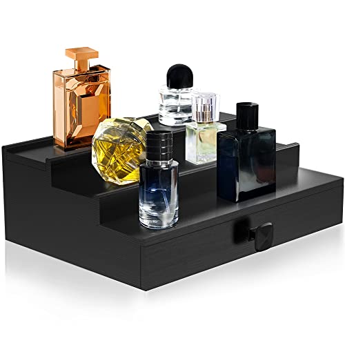 upcessory Cologne Organizer for Men, 3 Tier Wood Perfume Organizer with Felt Lining Drawer and Hidden Compartment, Perfume Display Holder, A Great Gift for Men - Black