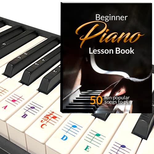 Beginner Piano Book for Kids, Piano Keyboard Stickers, 50 Amazing & Popular Songs, Color Piano Key Stickers for 88/76/61/54/49/37 Key Keyboards, Transparent and Removable