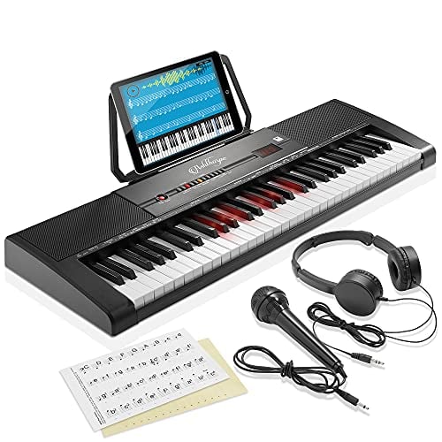 Ashthorpe 61-Key Digital Electronic Keyboard Piano with Light Up Keys, Portable Beginner Kit Includes Headphones, Mic and Keynote Stickers