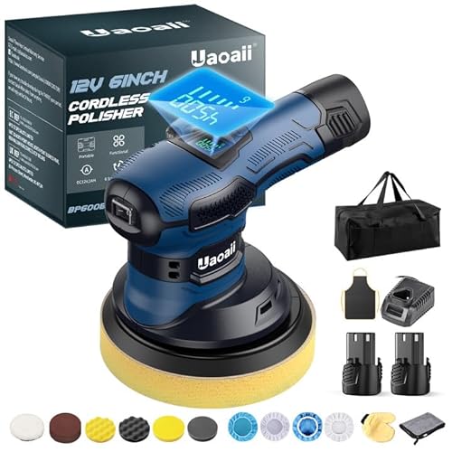 Cordless Polisher w/ LCD Display, Uaoaii 6-in Car Buffer Polisher w/ 2x2.0Ah Battery, 6 Variable Speed & Toolbag, 27Pcs Car Wax Buffing Machine Kit, Polisher for Car Detailing,Polishing,Boat Sanding