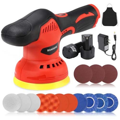 ROADGIVE Cordless Car Buffer Polisher with 2PCS 2.0Ah Battery, (5 Inch/6 Inch)8 Variable Speed Portable Buffer Polisher Kit, Extra 18PCS Attachments for Car Detailing/Polishing/Waxing