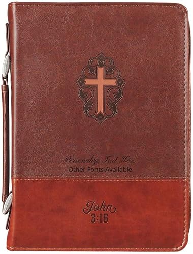 Personalized Custom Bible Cover for Men Two-Tone Brown John 3:16 Faux Leather Christian Gift for Father, Brother, Son, Grandpa, Grandson Laser Engraved Imprinting Your Text Name (Medium)