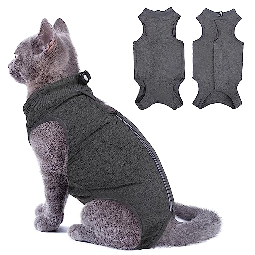 SUNFURA Cat Recovery Suit for Abdominal Wounds Spay After Surgery, Professional Breathable Surgical Body Suit for Cats Dogs Neuter, E-Collar Alternative Pet Anxiety Vest Shirt Anti Licking (L, Grey)