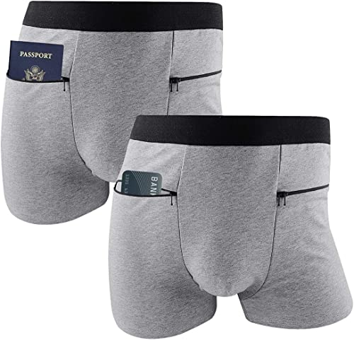 H&R 2 Packs Men's Boxer Briefs Secret Hidden Pocket, Travel Underwear with Secret Front Stash Pocket Panties X-Large Size (Gray)