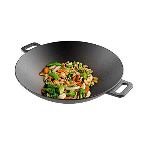 Cast Iron Wok-14 Pre-Seasoned, Flat Bottom Cookware with Handles-Compatible with Stovetop, Oven, Induction, Grill, or Campfire by Classic Cuisine, (82-KIT1088)