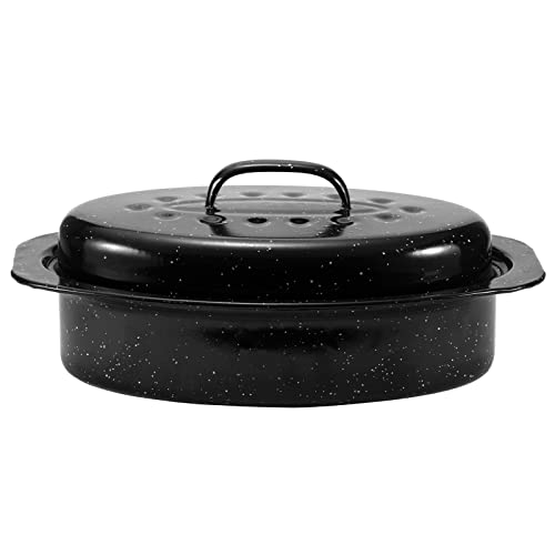 JY COOKMENT Granite Roaster Pan, Small 13 Enameled Roasting Pan with Domed Lid. Oval Turkey Roaster Pot, Broiler Pan Great for Small Chicken, Lamb. Dishwasher Safe Cookware Fit for 7Lb Bird
