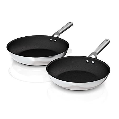 Ninja C62200 Foodi NeverStick Stainless 10.25-Inch & 12-Inch Fry Pan Set, Polished Stainless-Steel Exterior, Nonstick, Durable & Oven Safe to 500F, Silver