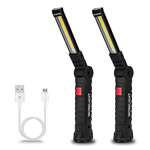 Lmaytech Gifts for Men, 2 Pack Black Rechargeable LED Work Lights with Magnetic Base and 360 Rotation, 5 Modes for BBQ, Camping, Reading, and Car Repair