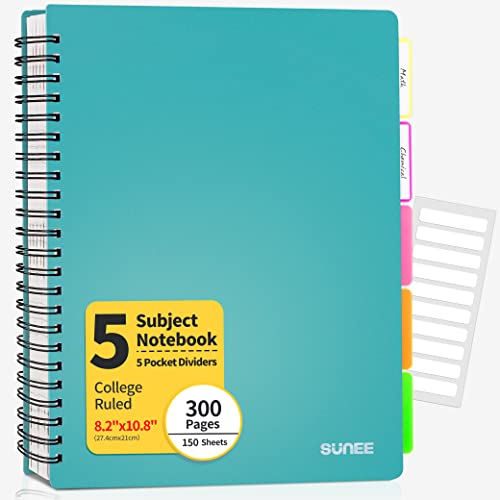SUNEE 5 Subject Notebook College Ruled - 300 Pages, 8.2"x10.8", Spiral Lined Notebook with 5 Pocket Colored Dividers, 3-Hole Punched Paper, Teal Notebooks for School Supplies, Home & Office, Writing Journal