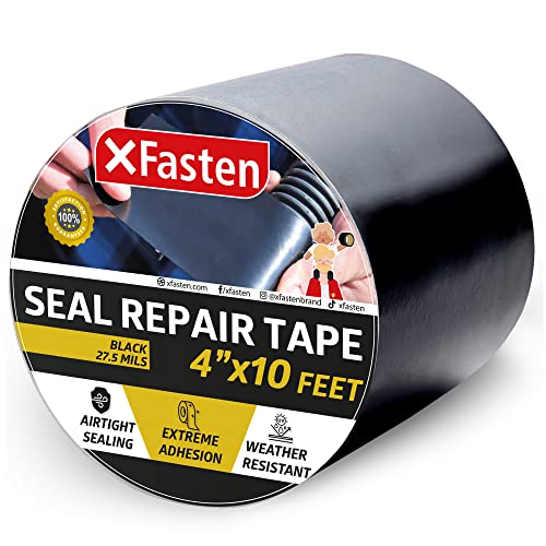 XFasten Waterproof Patch and Seal Tape, Black, 4-Inch by 10-Foot Roof and Gutter Rubber Repair Tape for Stop Leak Repair on Gutter, Roof, Boat, Pool Liner and HVAC  Waterproof and Puncture-Resistant