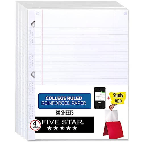 Five Star Loose Leaf Paper + Study App, 4 Pack, Notebook Paper, College Ruled Filler Paper, Reinforced, 8.5 x 11, 80 Sheets per Pack (170024-ECM),White