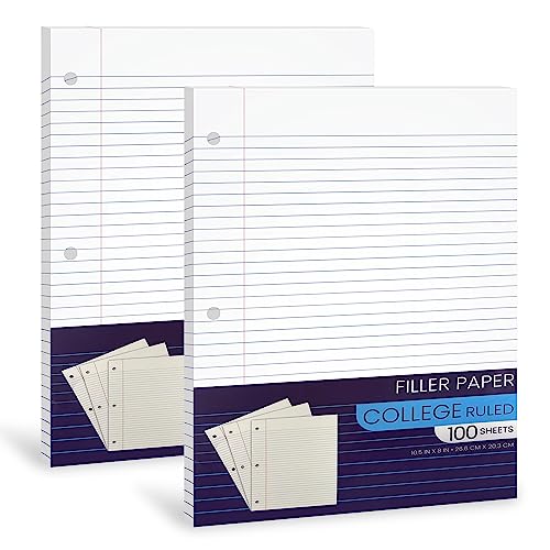 Notebook Paper College Ruled, Loose Leaf Paper College Ruled Notebook Paper, Lined Filler Paper for 3 Ring Binders - 10.5 X 8", for Students, College, School Classroom - 100 Sheets/Pack (2 Pack)