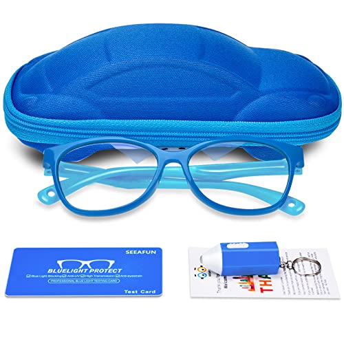 SEEAFUN Blue Light Glasses for Kids Girls Boys with Cute Car Case, UV400 Protection, Anti Blue Ray Age3-12 Computer Game Glasses