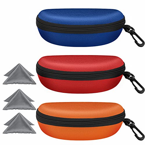 3 Pack Sunglasses Case Portable Travel Zipper Eyeglasses Case Hook With Cleaning Cloth (B-red+blue+orange)