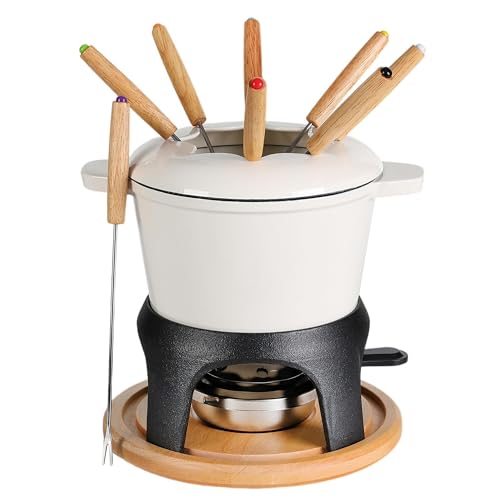 BIRDROCK HOME 16 pc Cast Iron Fondue Pot Set for Chocolate, Cheese, Meat | Ceramic Pot | 8 Fondue Forks | Chrome Safety Burner | Wedding Party Housewarming Gift | Cream