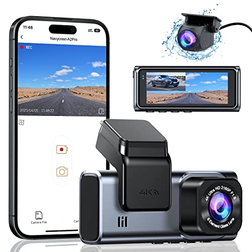 Dash Cam Front and Rear 4K+1080P WiFi Dash Camera for Cars with App, 24 Hours Parking Mode, G-Sensor, Loop Recording, Support 256GB Max