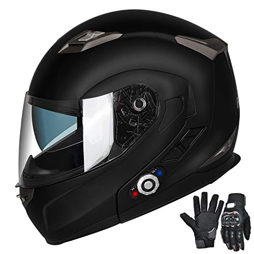 FreedConn Motorcycle Bluetooth Helmet,Bluetooth Integrated Modular Flip up Full Face Motorcycle Helmet,Dual Visor Modular Bluetooth Helmet,DOT Approved Helmets with Gloves(Matte Black,Large)