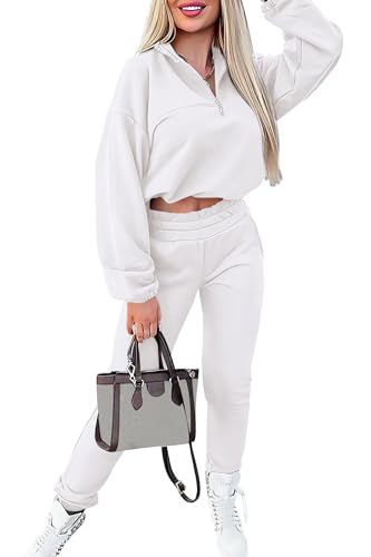 PRETTYGARDEN Women's 2 Piece Tracksuit Outfit Long Sleeve Zip Up Sweatshirt High Waist Jogger Sweatpants Set (White,Large)