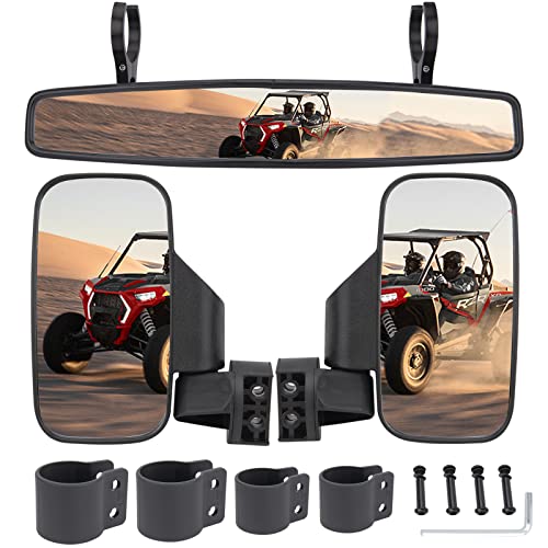 UTV Side Rear View Mirror With 1.75" to 2" Roll Bar Cage Compatible with Polaris RZR Honda Pioneer Yamaha Rhino Kawasaki Teryx, With Center View Mirror