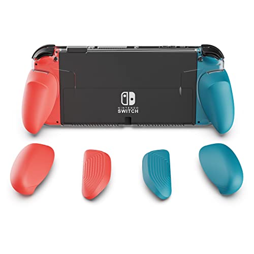 Skull & Co. GripCase OLED: A Dockable Transparent Protective Cover Case with Replaceable Grips [to fit All Hands Sizes] for Nintendo Switch OLED Model [No Carrying Case] -Neon Blue (L) Neon Red (R)
